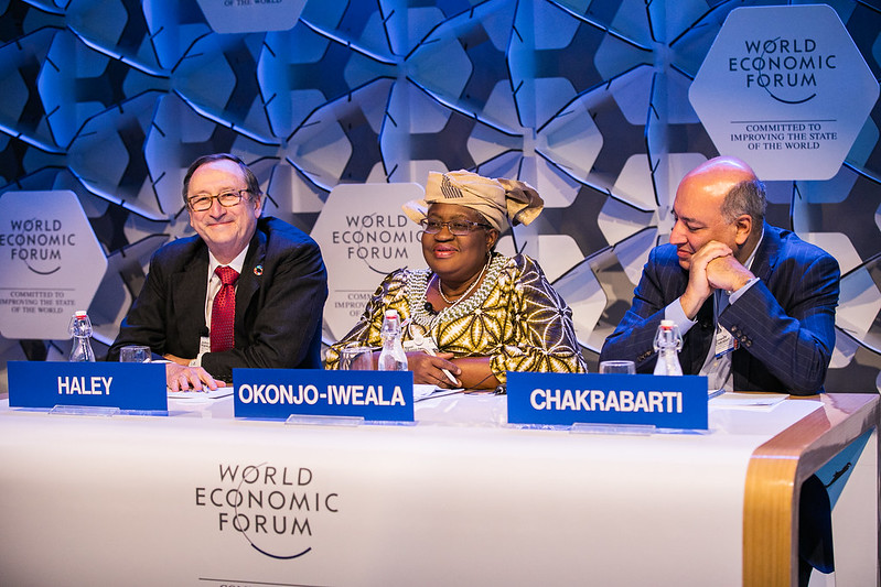 John J. Haley, Chief Executive Officer, Willis Towers Watson, USA, Ngozi Okonjo-Iweala, Chair, Gavi, the Vaccine Alliance, USA and Sumantra Chakrabarti, President, European Bank for Reconstruction and Development (EBRD), London, speaking during the session  Investing in a Climate-Resilient Future at the World Economic Forum Annual Meeting 2020 in Davos-Klosters, Switzerland, 23rd of January. Congress Centre - in XChange Copyright by World Economic Forum/Jakob Polacsek